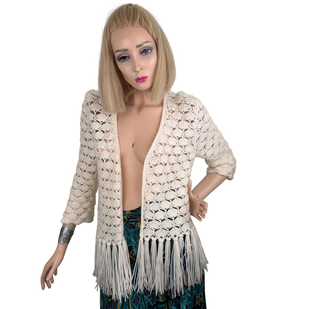 Vintage Handmade Crochet Cardigan Cream‎ Ivory Open Front Tassel Grandmacore S